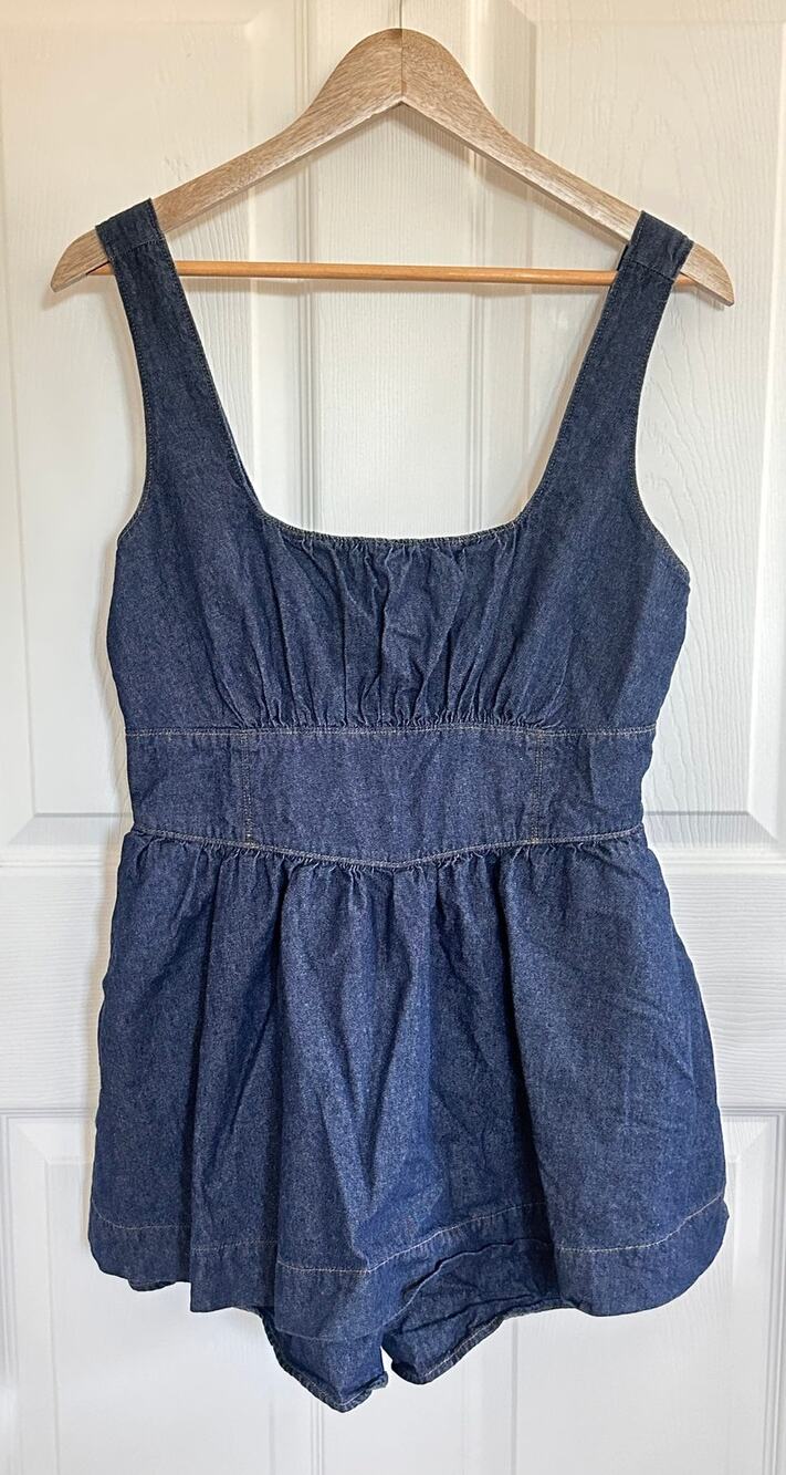 Altar’d State Denim Romper L Dark Wash Smocked Back Flared Shorts Pockets